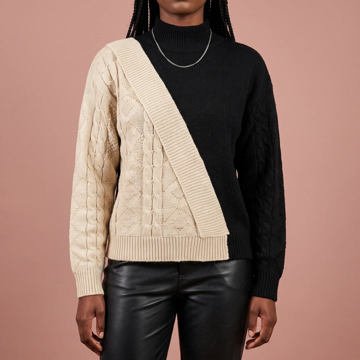 Heloise Two Tone Cable Knit Asymmetric Sweater - Beige