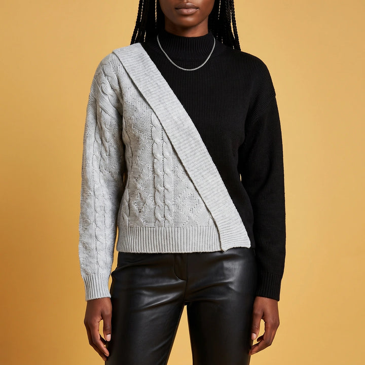 Heloise Two Tone Cable Knit Asymmetric Sweater - Gray