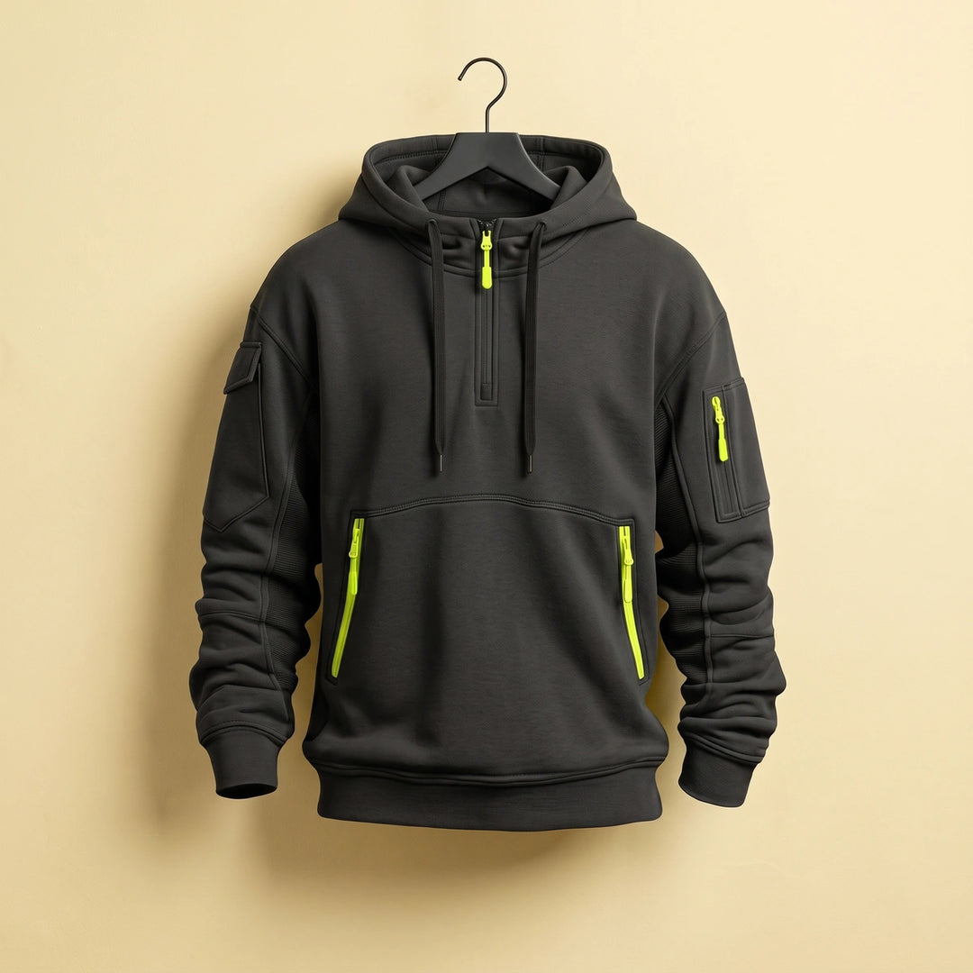 Henrik Quarter Zip Multi Pocket Hooded Sweatshirt - Black