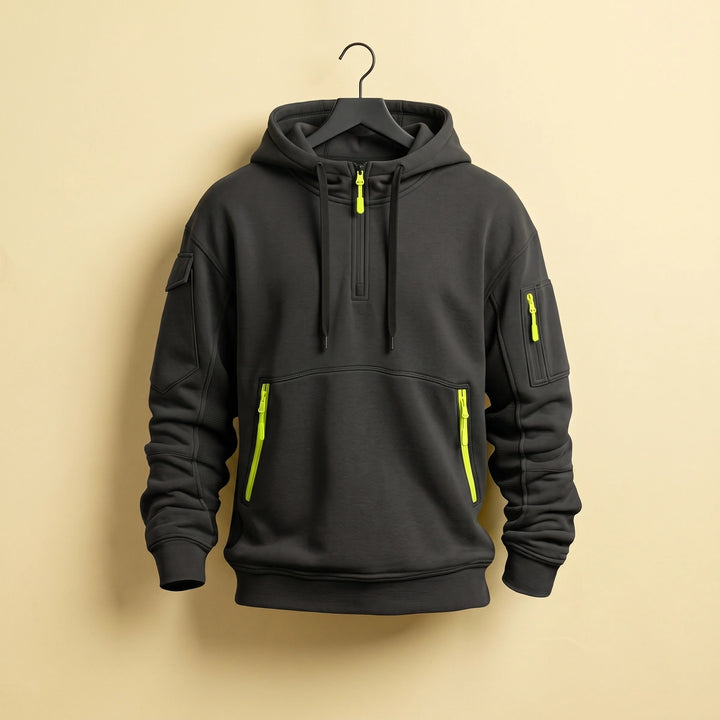 Henrik Quarter Zip Multi Pocket Hooded Sweatshirt - Black