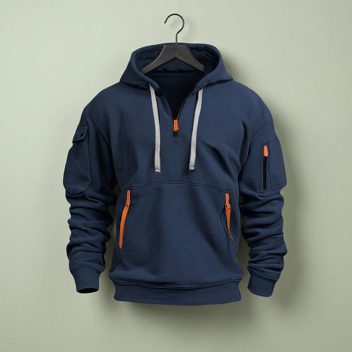 Henrik Quarter Zip Multi Pocket Hooded Sweatshirt - Blue