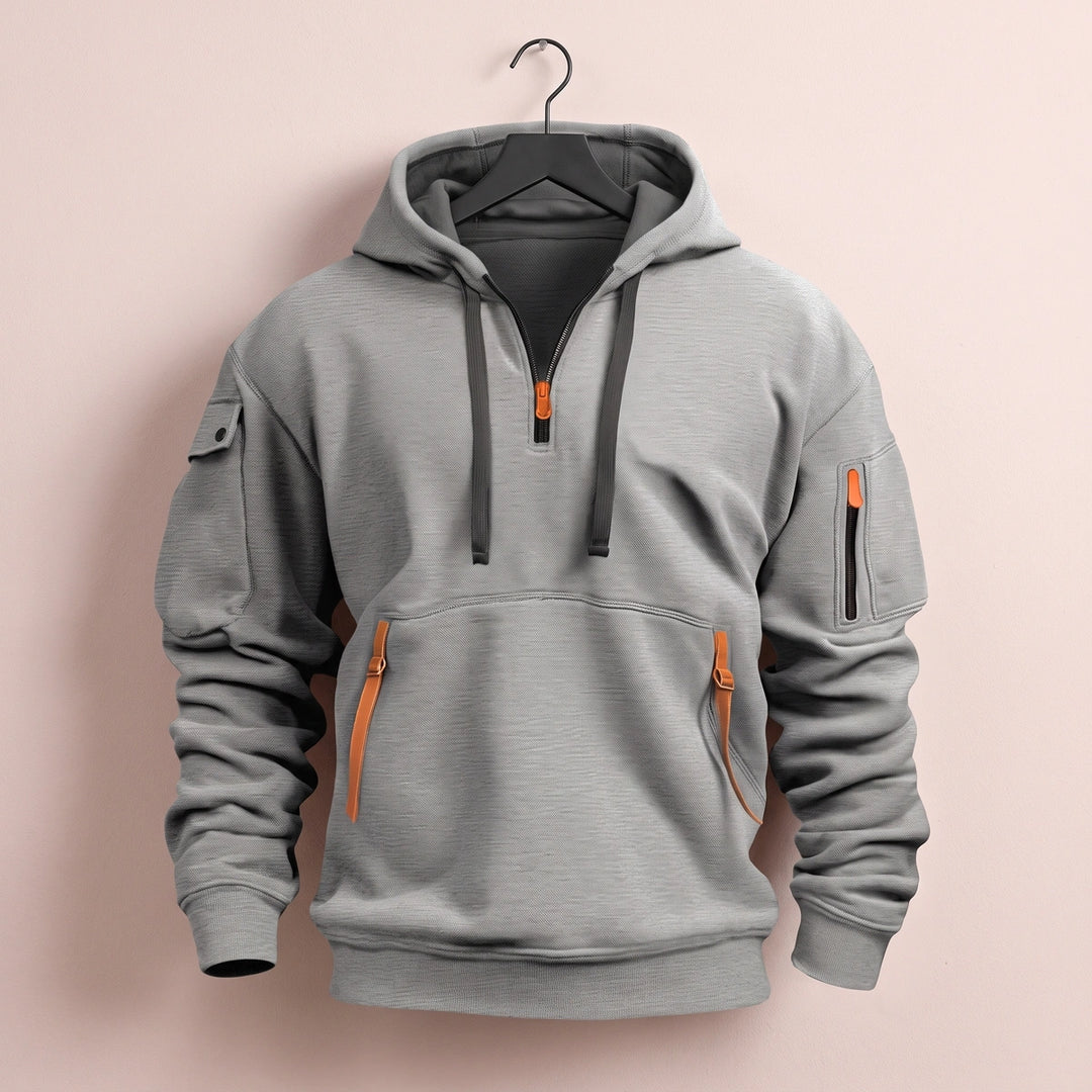 Henrik Quarter Zip Multi Pocket Hooded Sweatshirt - Gray