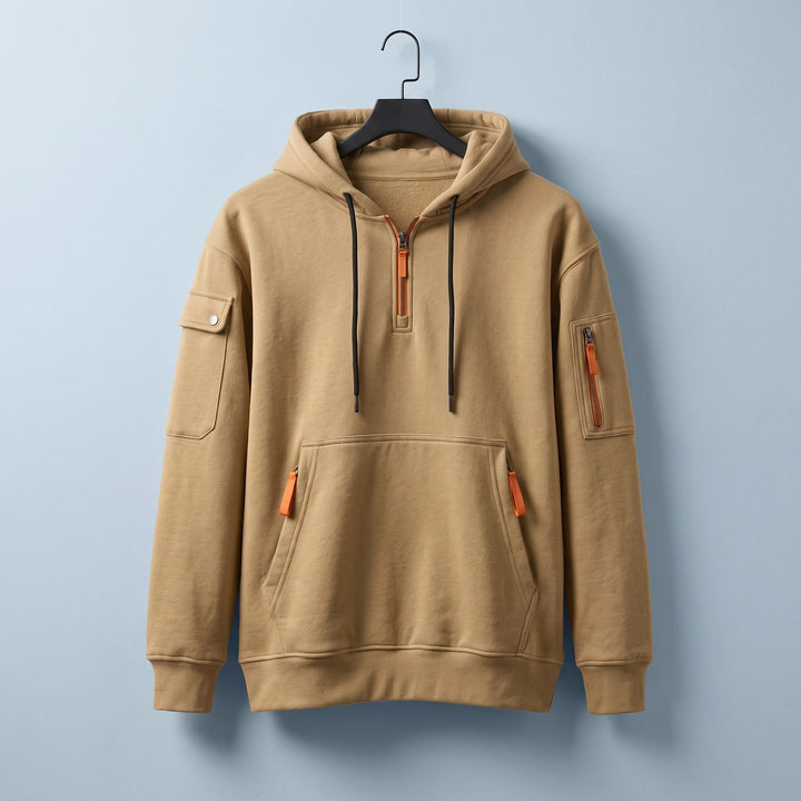 Henrik Quarter Zip Multi Pocket Hooded Sweatshirt - Khaki