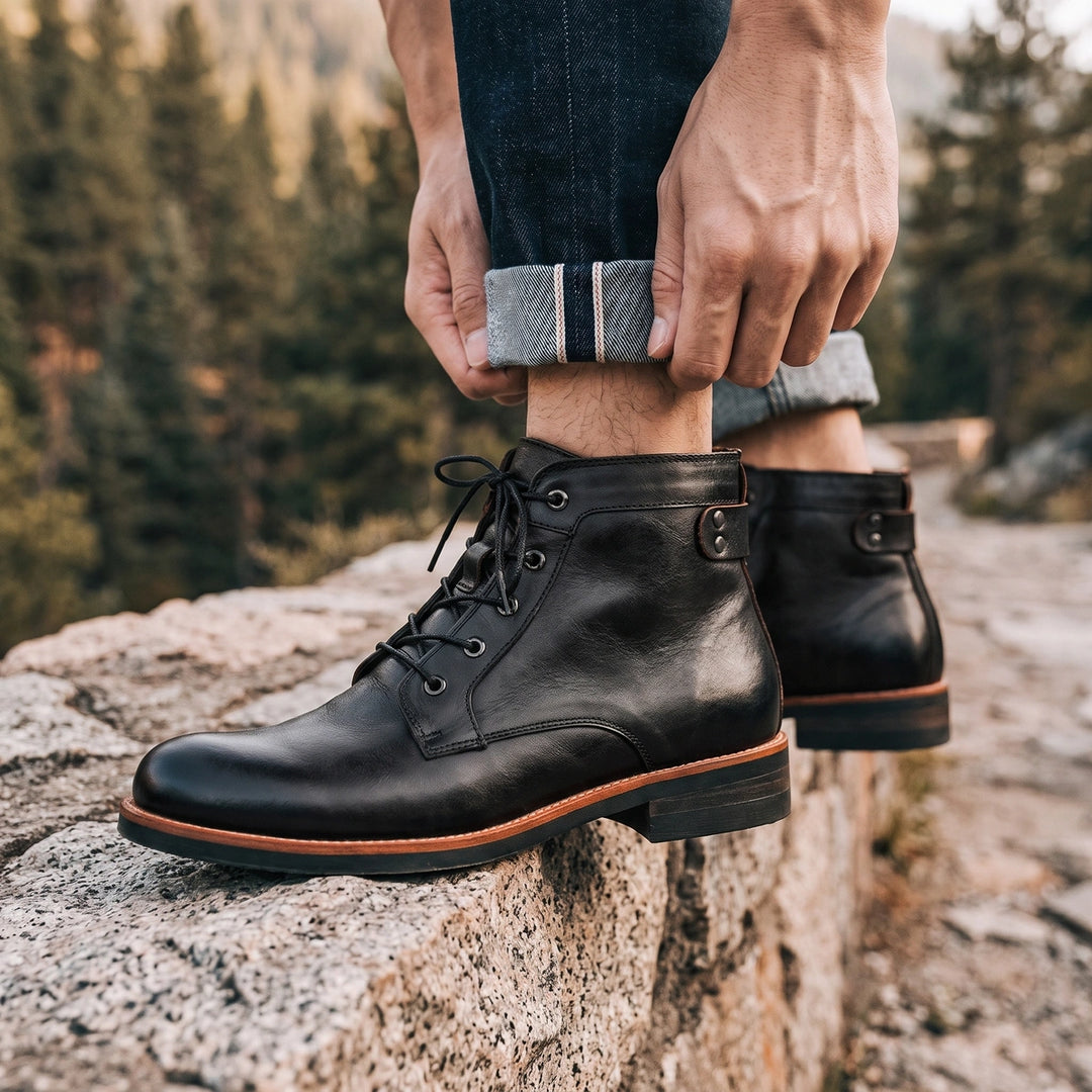 Henry Full Grain Leather Lace Up Ankle Boots - Black
