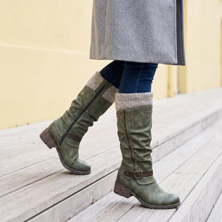 Hortensia Thermal Knit Cuff Orthopedic Knee High Boots - Green