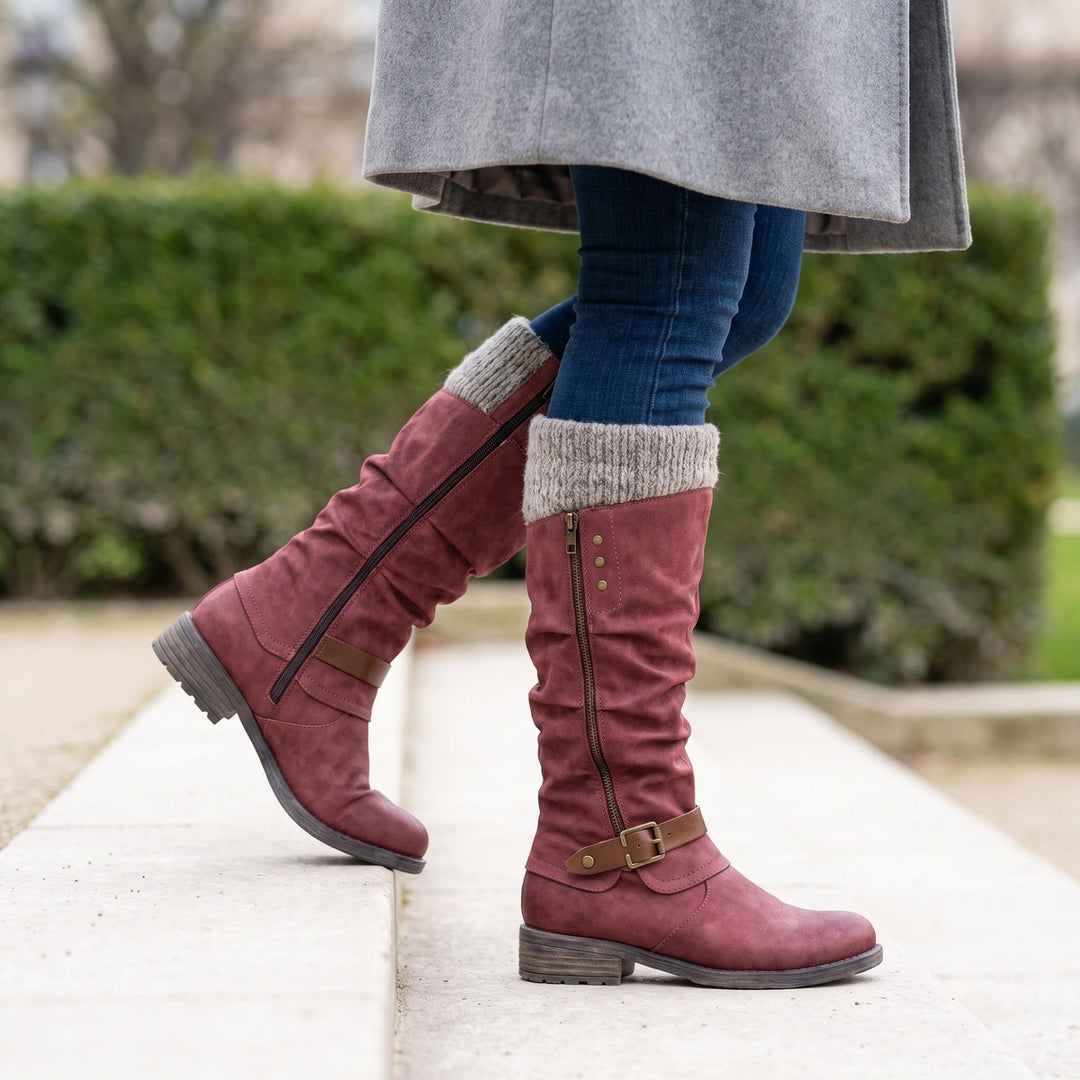 Hortensia Thermal Knit Cuff Orthopedic Knee High Boots - Red