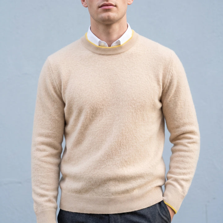 Ignatius Brushed Cashmere Tipped Crew Sweater - Beige