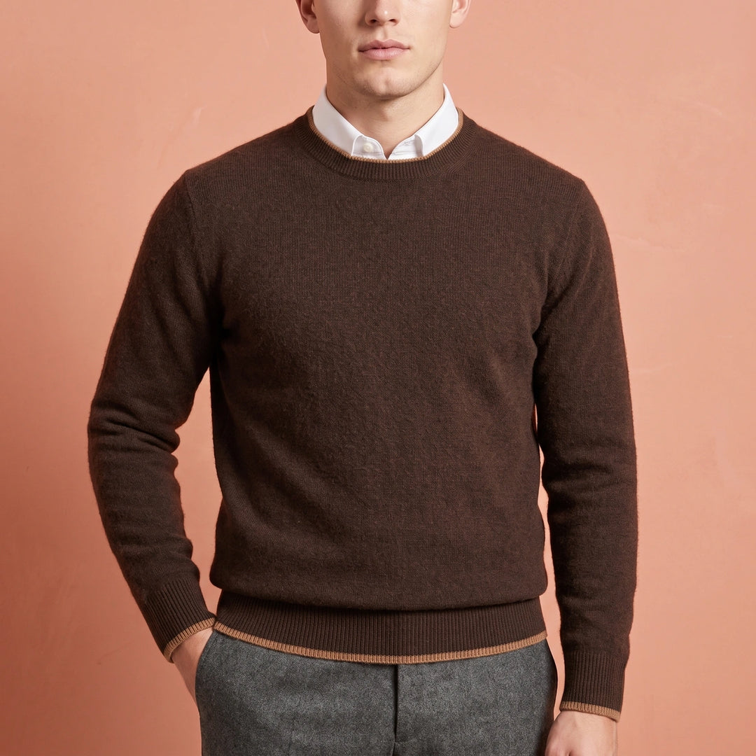 Ignatius Brushed Cashmere Tipped Crew Sweater - Coffee