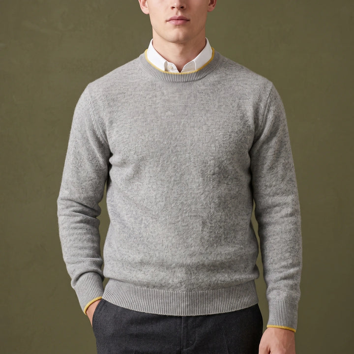 Ignatius Brushed Cashmere Tipped Crew Sweater - Light Gray