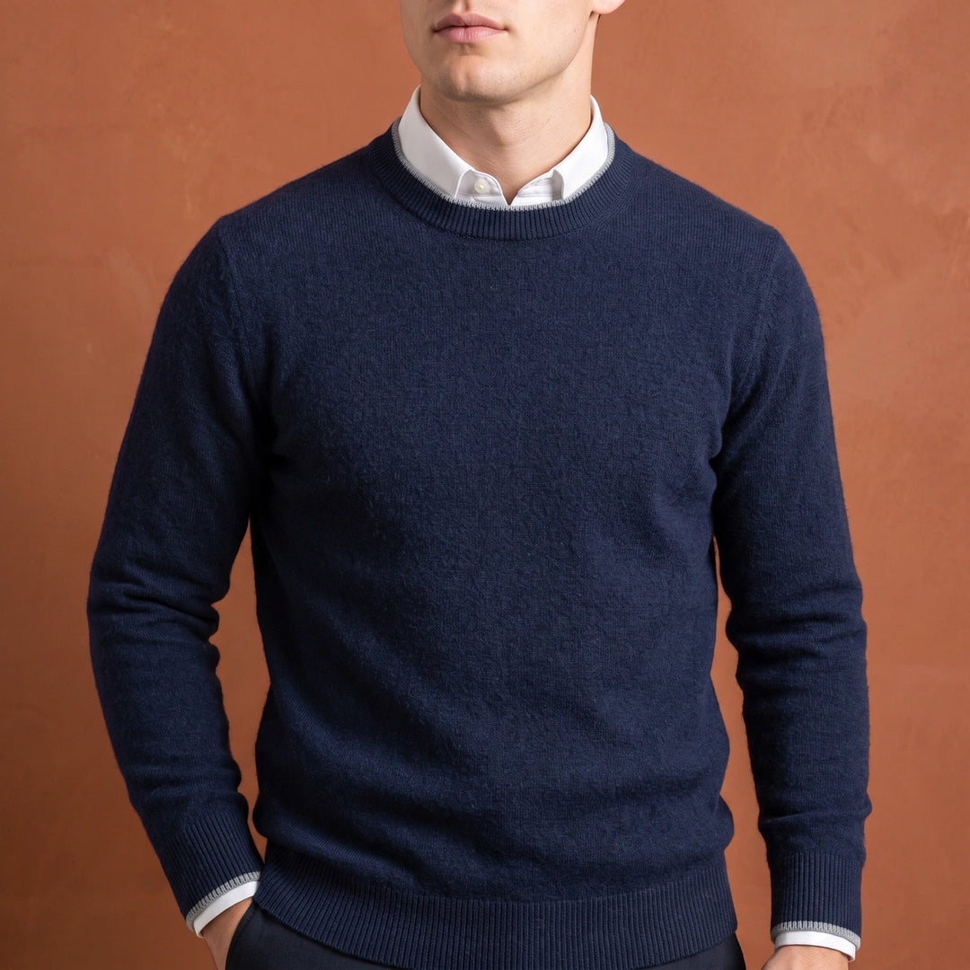 Ignatius Brushed Cashmere Tipped Crew Sweater - Navy Blue