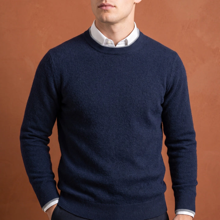 Ignatius Brushed Cashmere Tipped Crew Sweater - Navy Blue