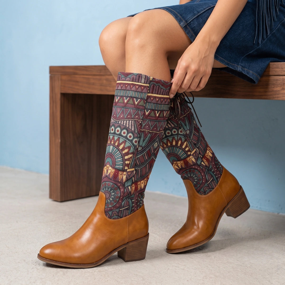 Ione Bohemian Tapestry Block Heel Boots - Brown