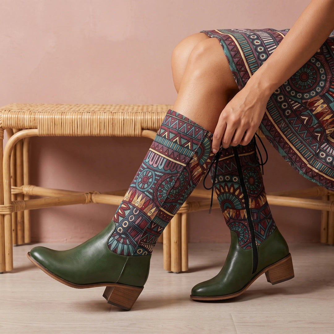 Ione Bohemian Tapestry Block Heel Boots - Green