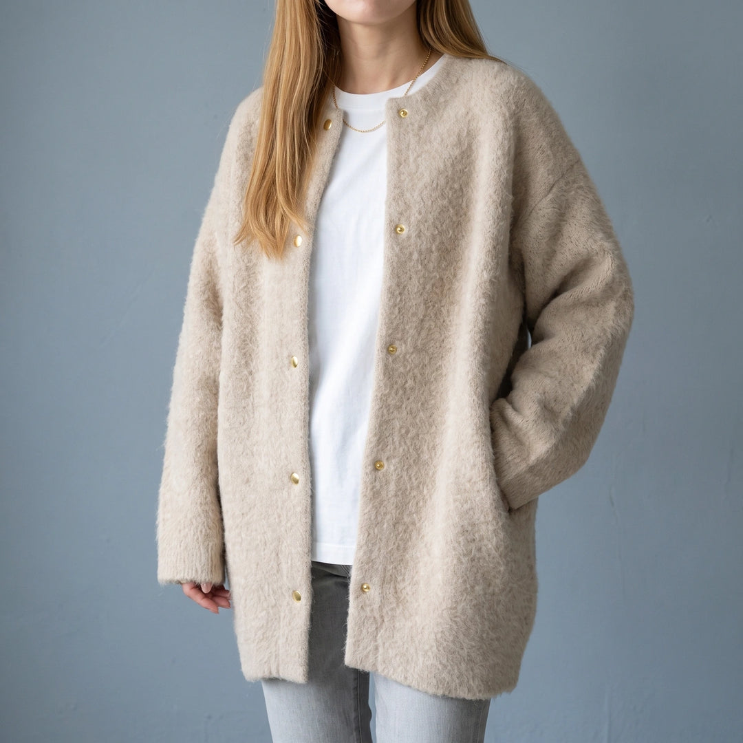 Isaline Brushed Knit Longline Snap Front Cardigan - Beige
