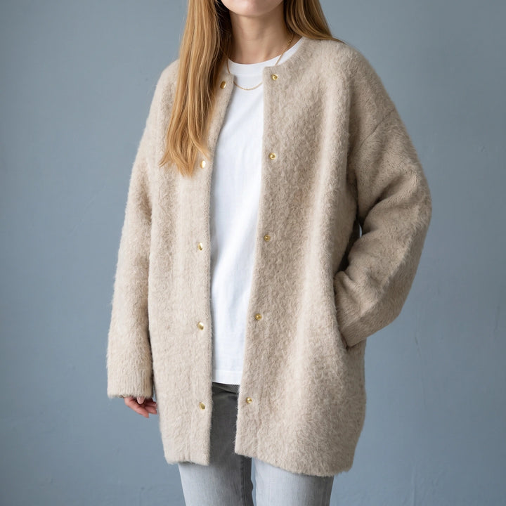 Isaline Brushed Knit Longline Snap Front Cardigan - Beige