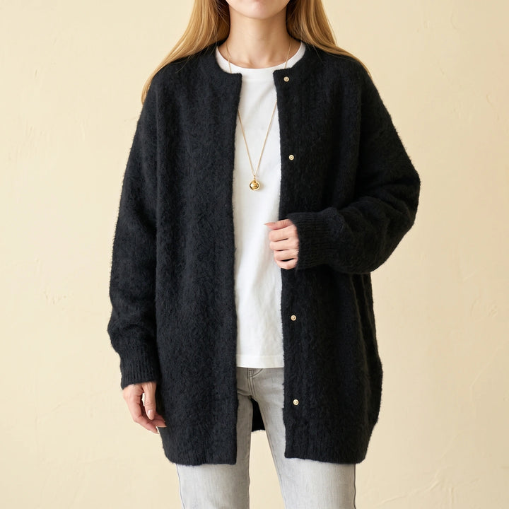 Isaline Brushed Knit Longline Snap Front Cardigan - Black
