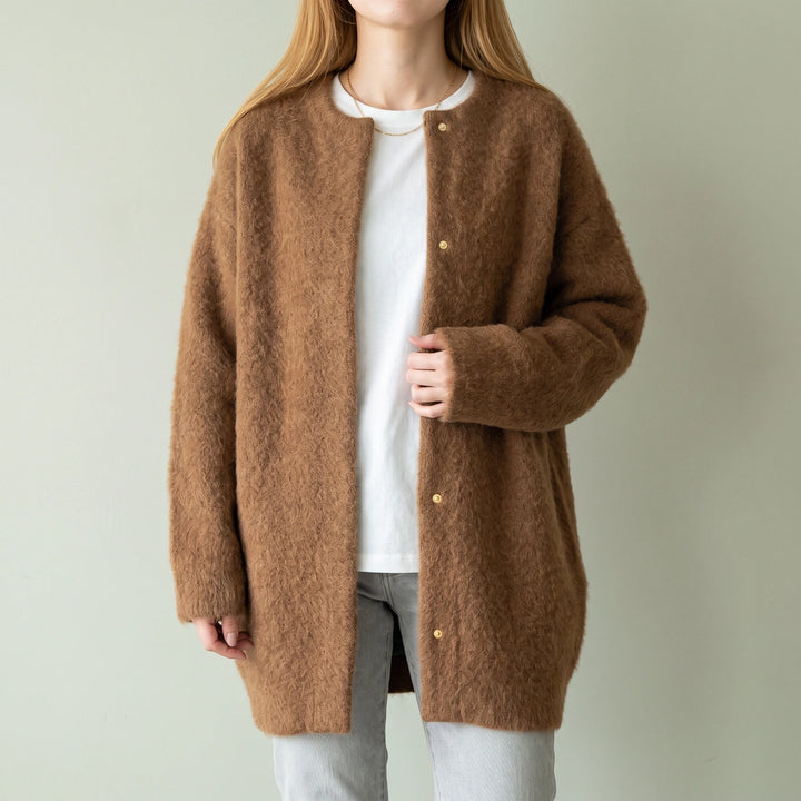 Isaline Brushed Knit Longline Snap Front Cardigan - Brown