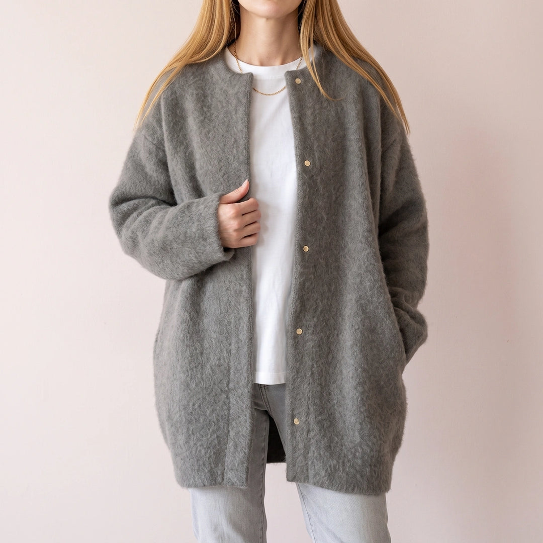 Isaline Brushed Knit Longline Snap Front Cardigan - Gray