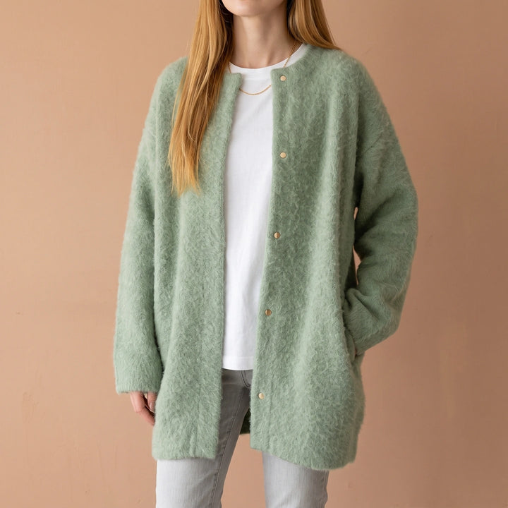 Isaline Brushed Knit Longline Snap Front Cardigan - Green