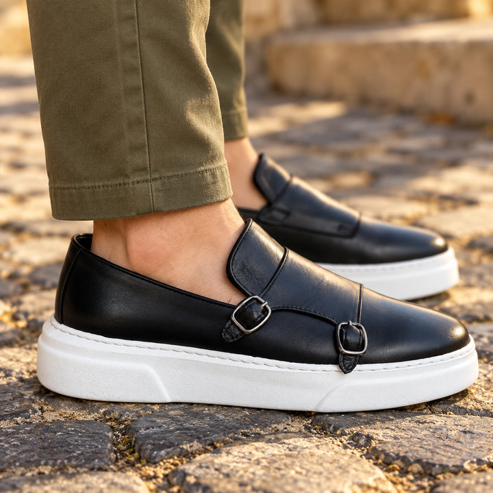 James Burnished Leather Double Monk Strap Loafers - Black
