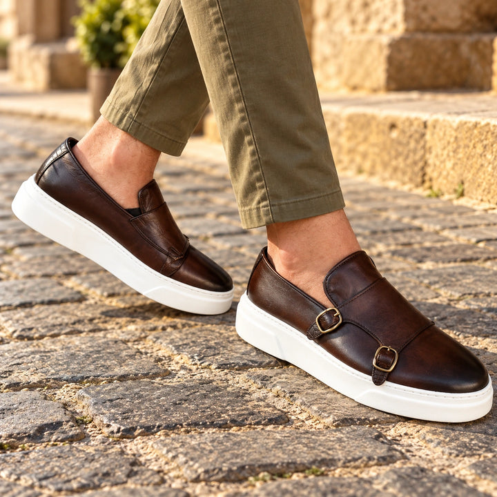 James Burnished Leather Double Monk Strap Loafers - Brown