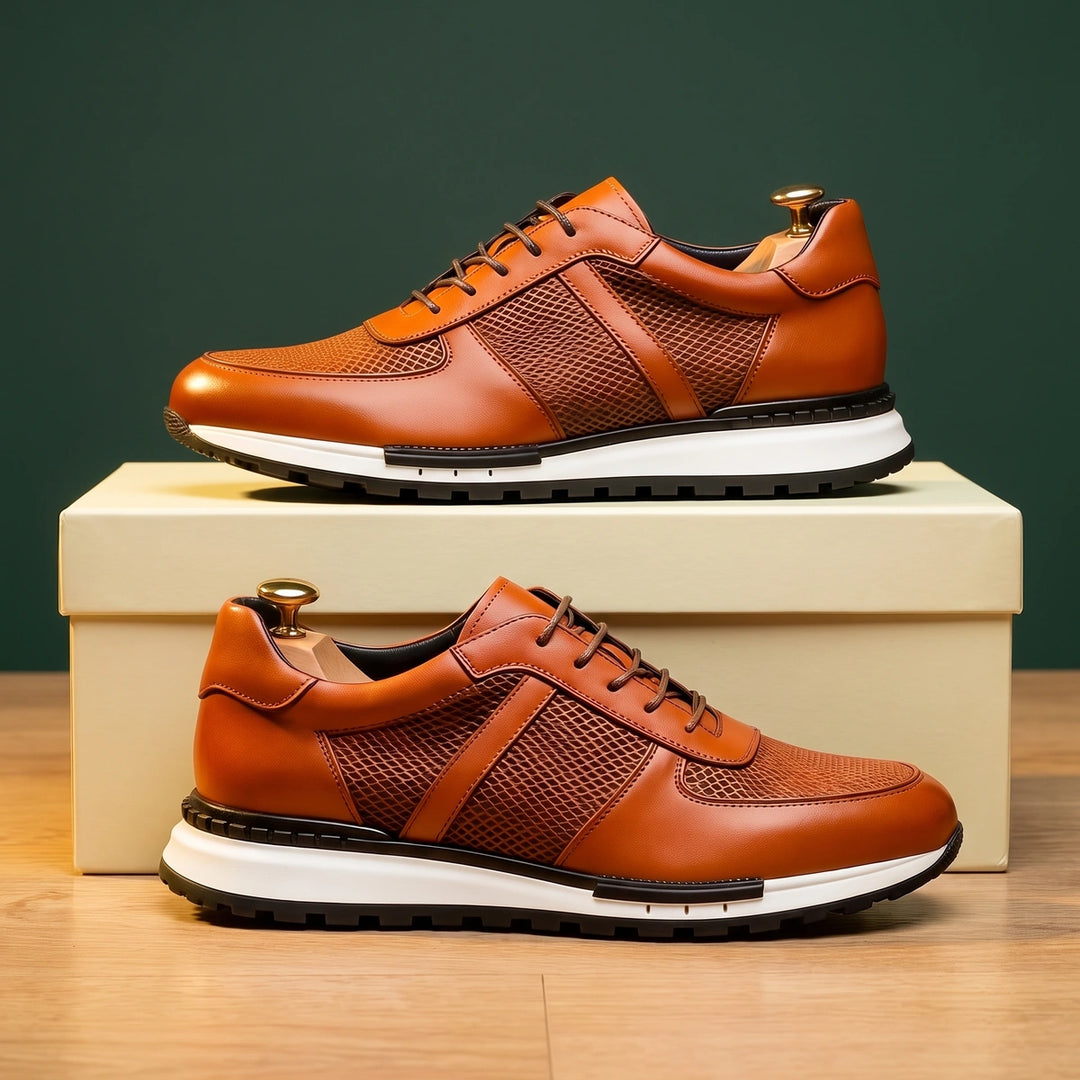 Jeremy Leather Woven Panel Dress Sneakers - Orange Brown