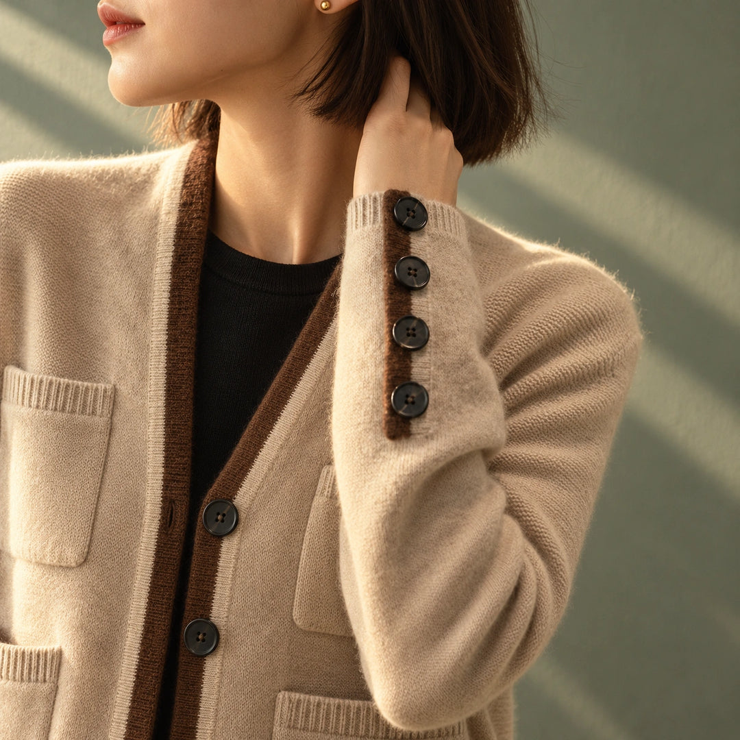 Joan Wool Blend Contrast Trim Cardigan - Beige