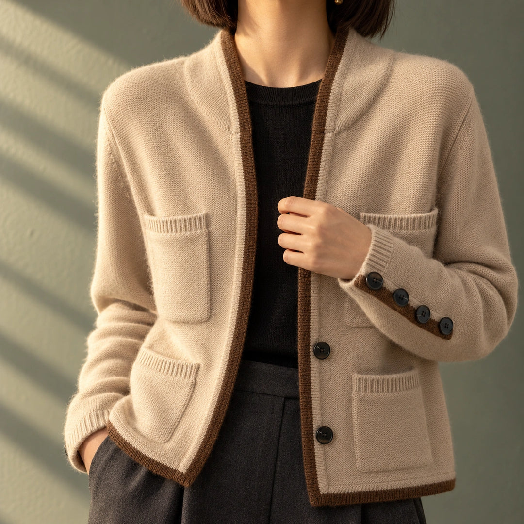 Joan Wool Blend Contrast Trim Cardigan - Beige