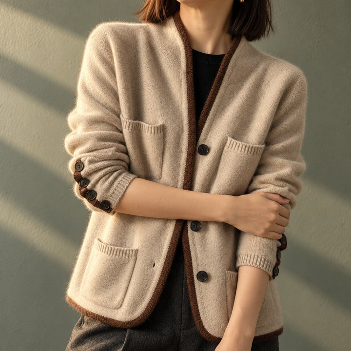 Joan Wool Blend Contrast Trim Cardigan - Beige