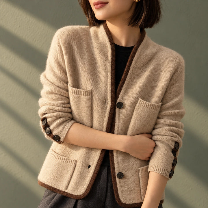 Joan Wool Blend Contrast Trim Cardigan - Beige