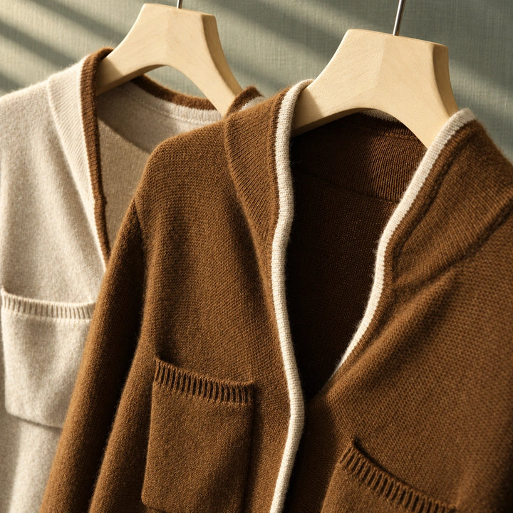 Joan Wool Blend Contrast Trim Cardigan - Brown