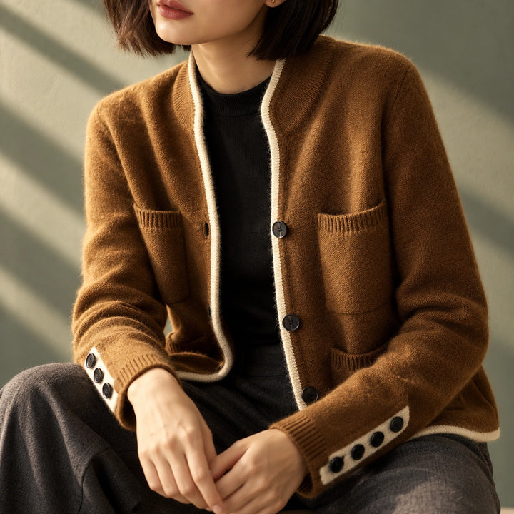 Joan Wool Blend Contrast Trim Cardigan - Brown