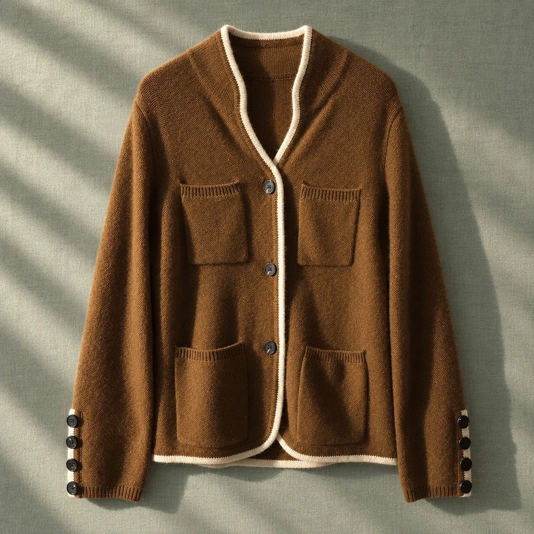 Joan Wool Blend Contrast Trim Cardigan - Brown