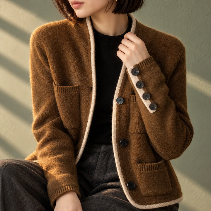 Joan Wool Blend Contrast Trim Cardigan - Brown
