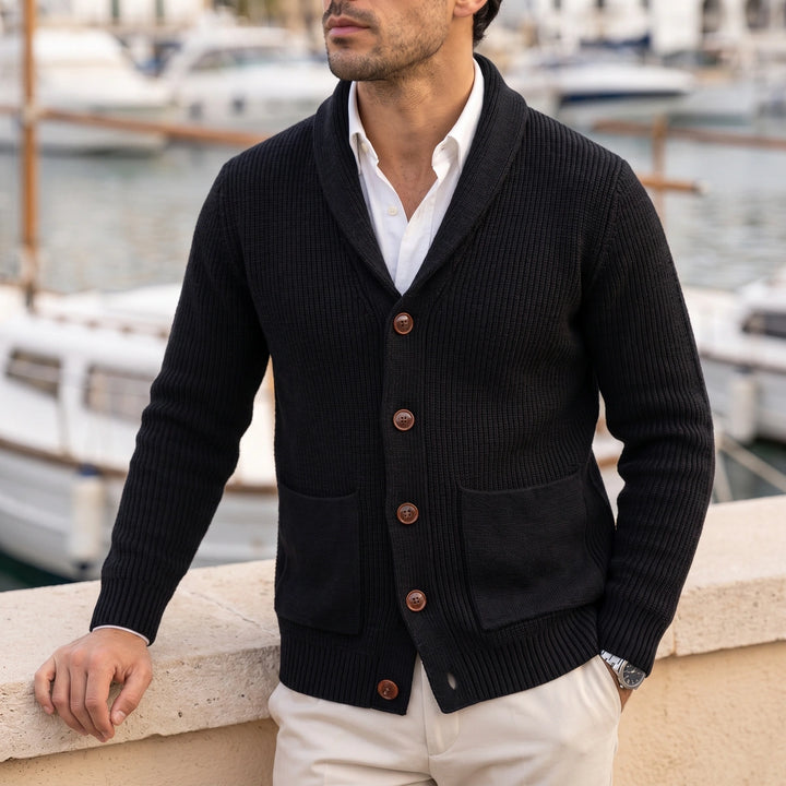 Joaquin Shawl Collar Waffle Knit Button Cardigan - Black
