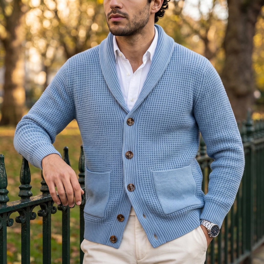 Joaquin Shawl Collar Waffle Knit Button Cardigan - Blue