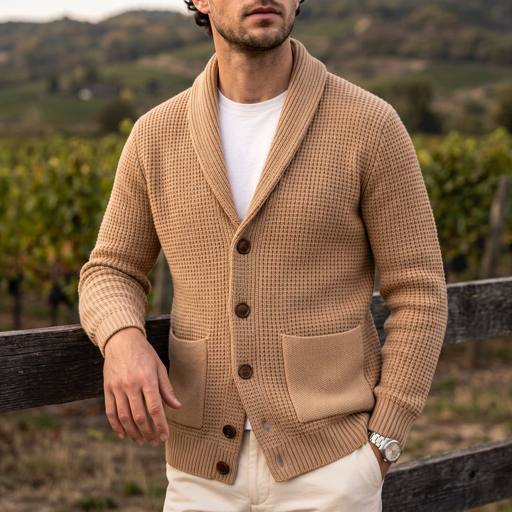 Joaquin Shawl Collar Waffle Knit Button Cardigan - Brown