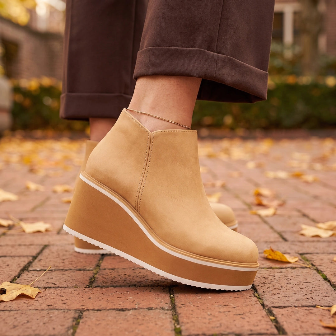 Jocelyn Vegan Leather Platform Wedge Ankle Booties - Beige
