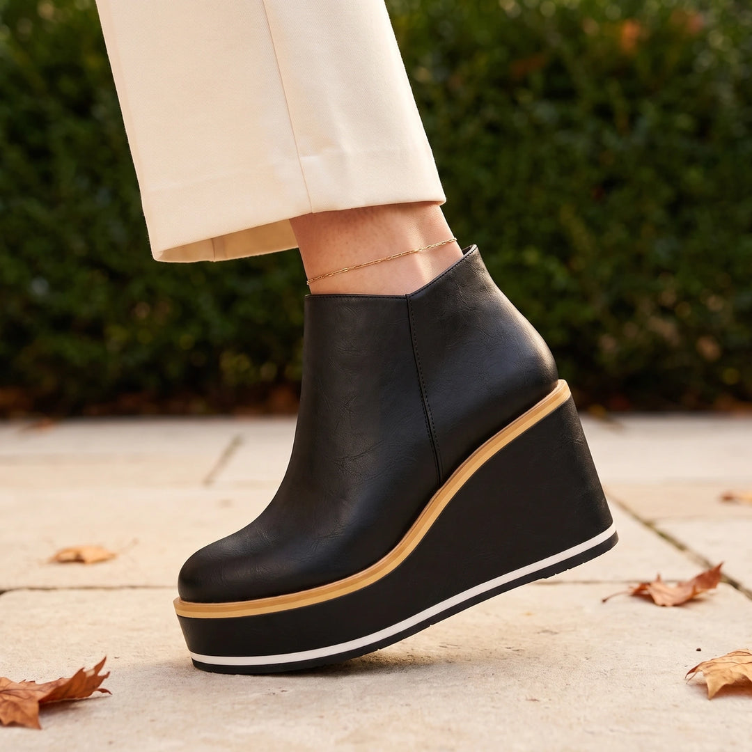 Jocelyn Vegan Leather Platform Wedge Ankle Booties - Black