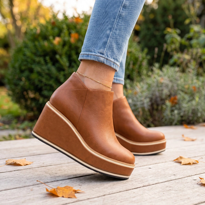 Jocelyn Vegan Leather Platform Wedge Ankle Booties - Brown