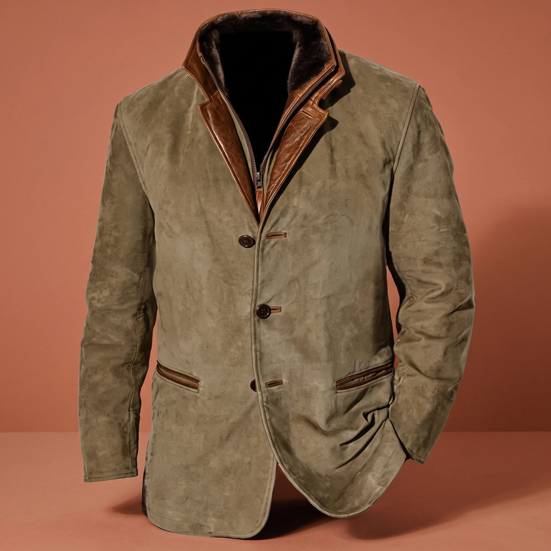 Jonathan Vegan Suede Layered Collar Blazer Jacket - Khaki