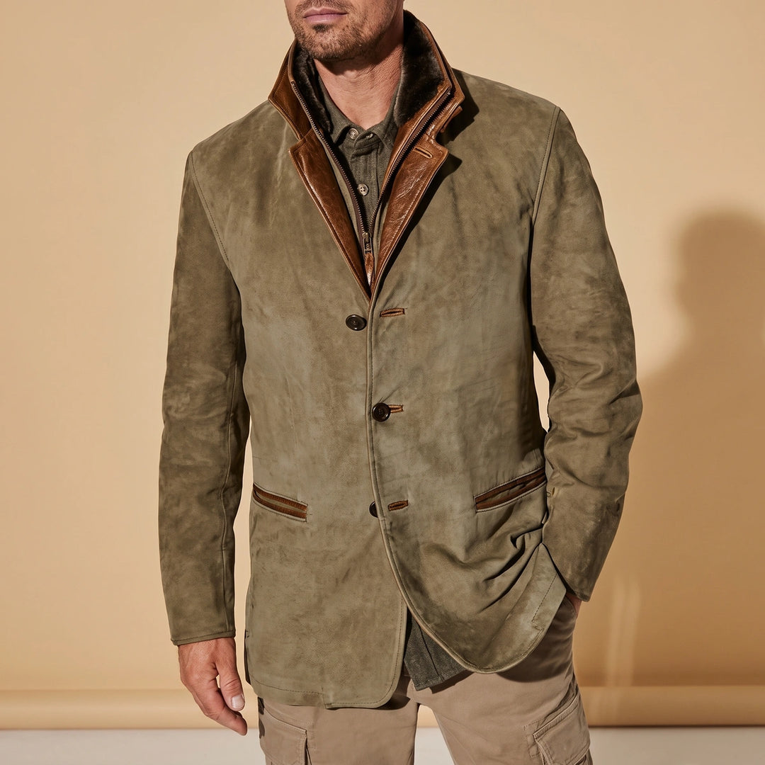 Jonathan Vegan Suede Layered Collar Blazer Jacket - Khaki