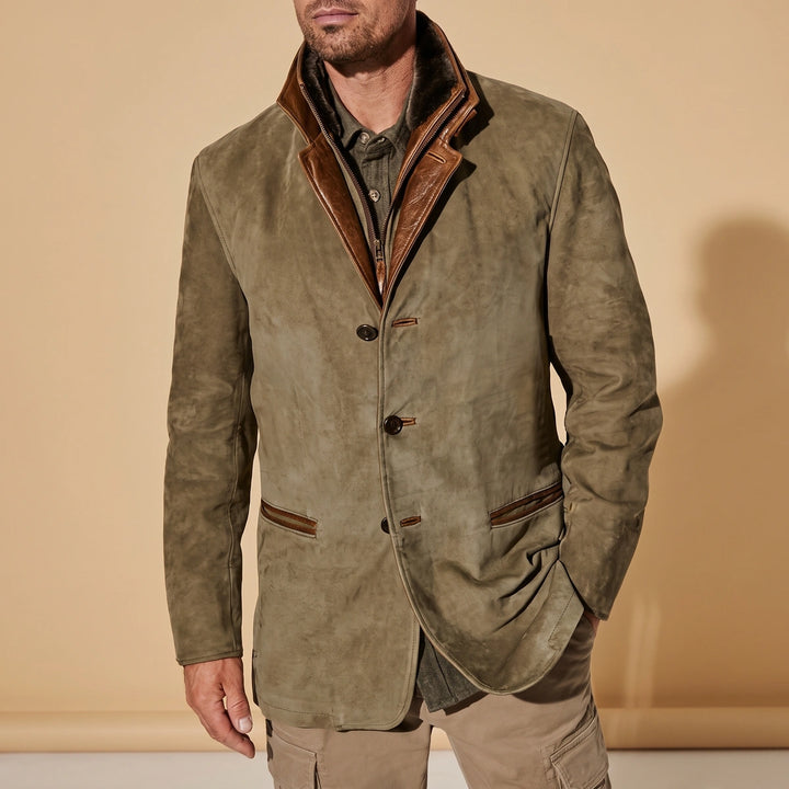 Jonathan Vegan Suede Layered Collar Blazer Jacket - Khaki