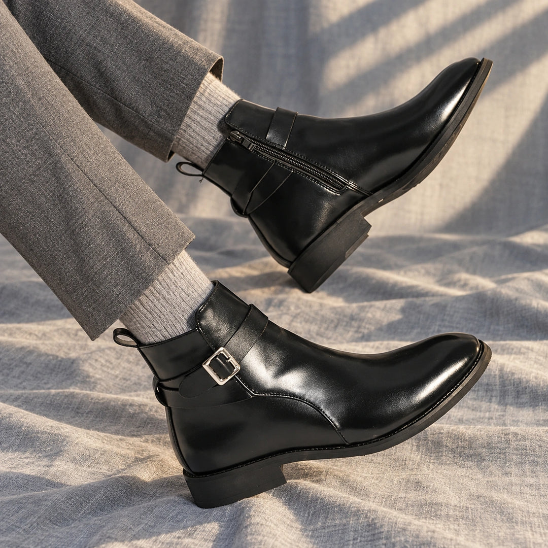 Julian Leather Buckle Strap Ankle Boots - Black