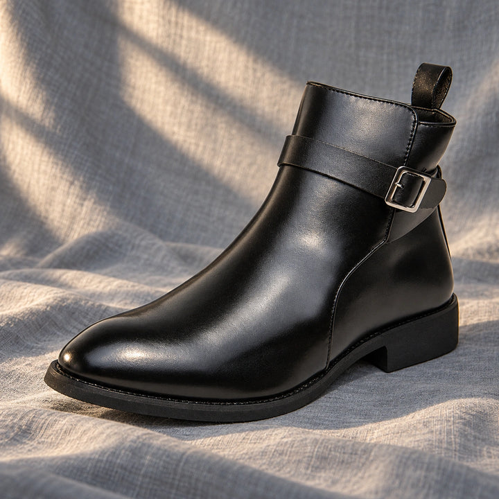 Julian Leather Buckle Strap Ankle Boots - Black