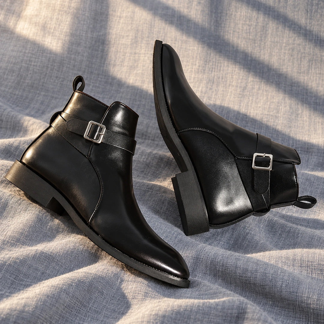 Julian Leather Buckle Strap Ankle Boots - Black