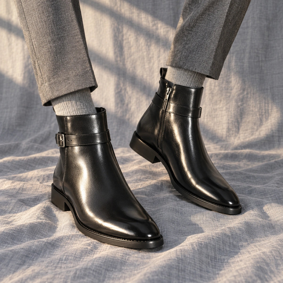 Julian Leather Buckle Strap Ankle Boots - Black