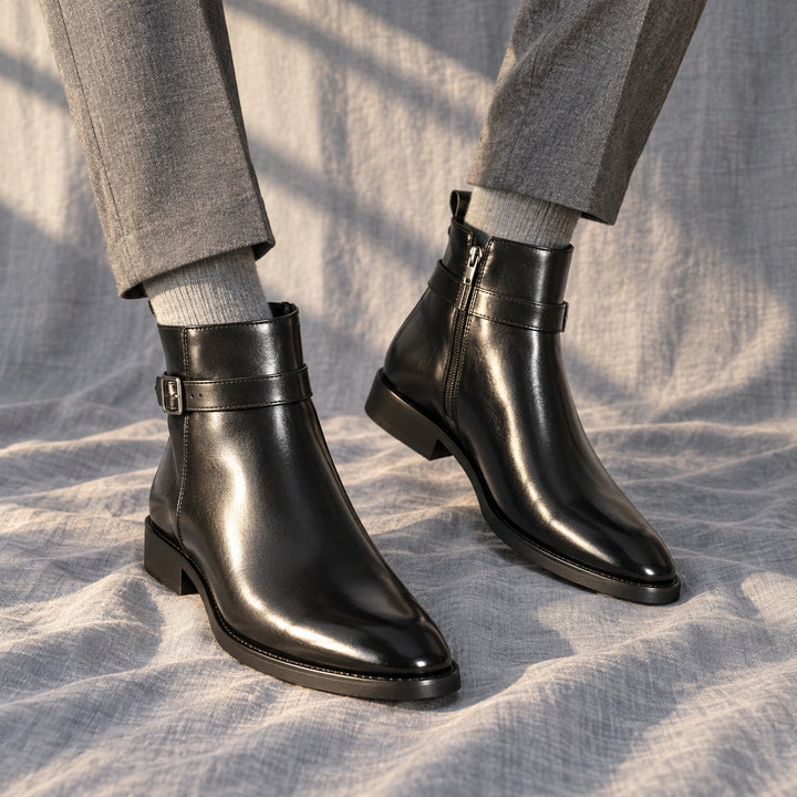 Julian Leather Buckle Strap Ankle Boots - Black