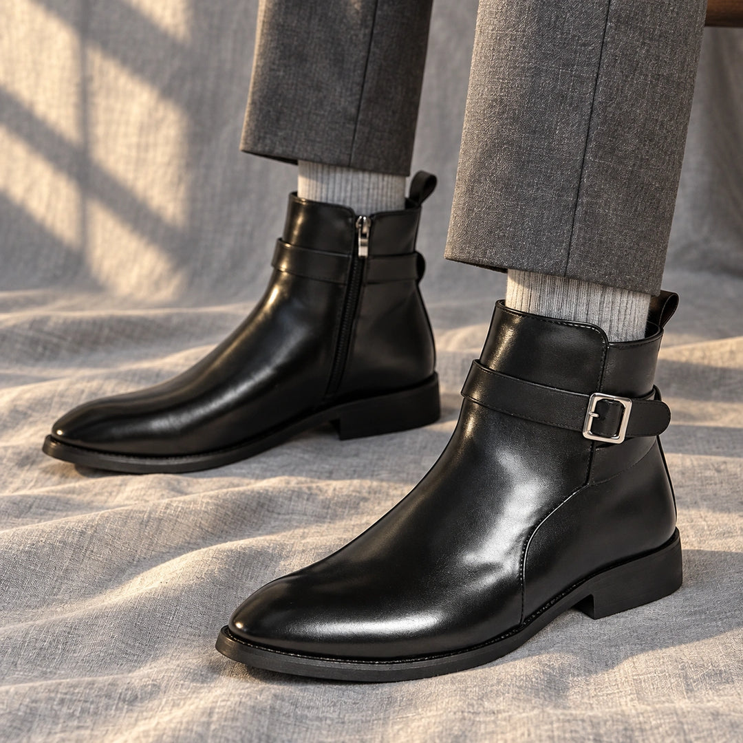 Julian Leather Buckle Strap Ankle Boots - Black