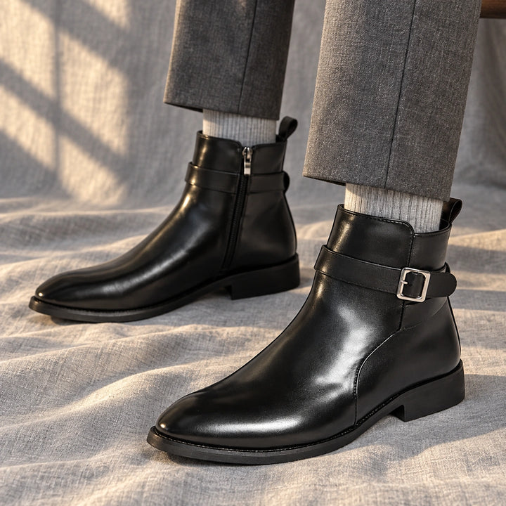 Julian Leather Buckle Strap Ankle Boots - Black